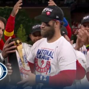 Phillies hoist the trophy after winning the NLCS, Bryce Harper wins NLCS MVP | MLB on FOX
