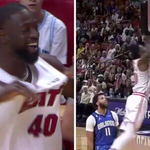 Udonis Haslem catches alley-oop at 42-years-old 😳 Dwyane Wade gets out of his seat 🔥