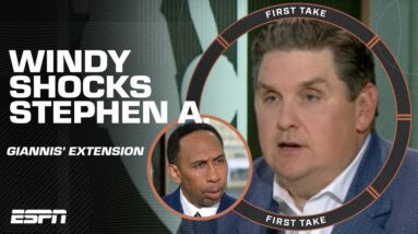 Stephen A. gives Windy a look for calling Giannis' $186M extension QUESTIONABLE 👀 | First Take
