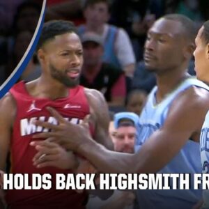 Bismack Biyombo holds back Haywood Highsmith as tensions rise, Highsmith T'd up | NBA on ESPN